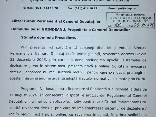 De mâine, în Camera Deputaților, dezbaterile și votul revin la prezență exclusiv fizică, la solicitarea PNL